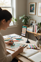 Woman painting a decorative wood panel using acrylic paint markers guided by a phone on a device stand showing the Cupixel app in a bright home studio.