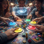 Close-up of several hands pressing large colorful buttons on a game table with game cards and components visible around them