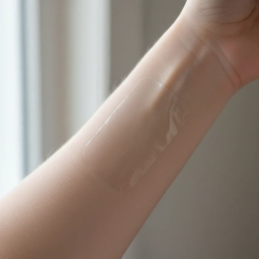 Clear transparent ScarAway silicone sheet on forearm demonstrating discreet barely-visible appearance