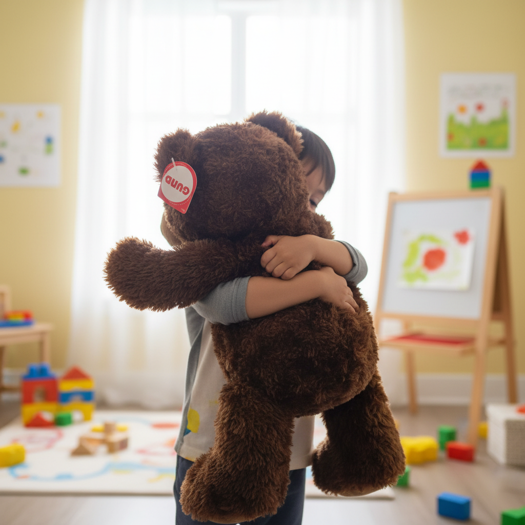 Child hugging GUND Philbin Chocolate Brown Teddy Bear in bright cheerful playroom - More4less Outlet