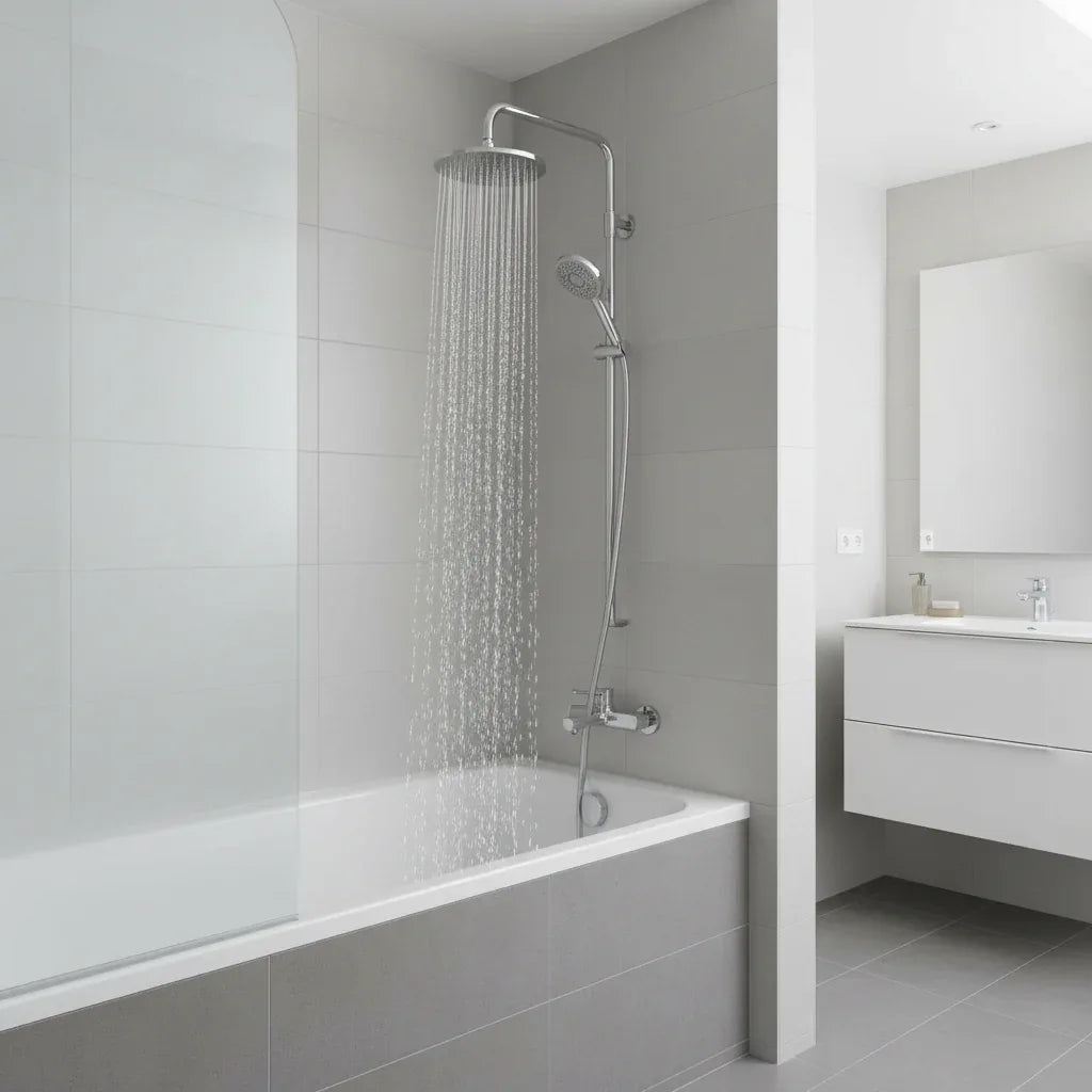 Water streaming naturally from a silver showerhead extending from a polished chrome Hansgrohe shower arm