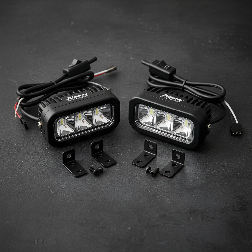 Alpena Spot Ranger LED accent lights 2-pack flat lay both rectangular pods toggle switch wiring harness mounting brackets dark surface - More4less Outlet
