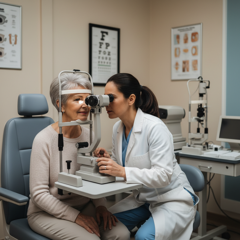 Older woman receiving an eye exam at an ophthalmologist clinic for macular health monitoring