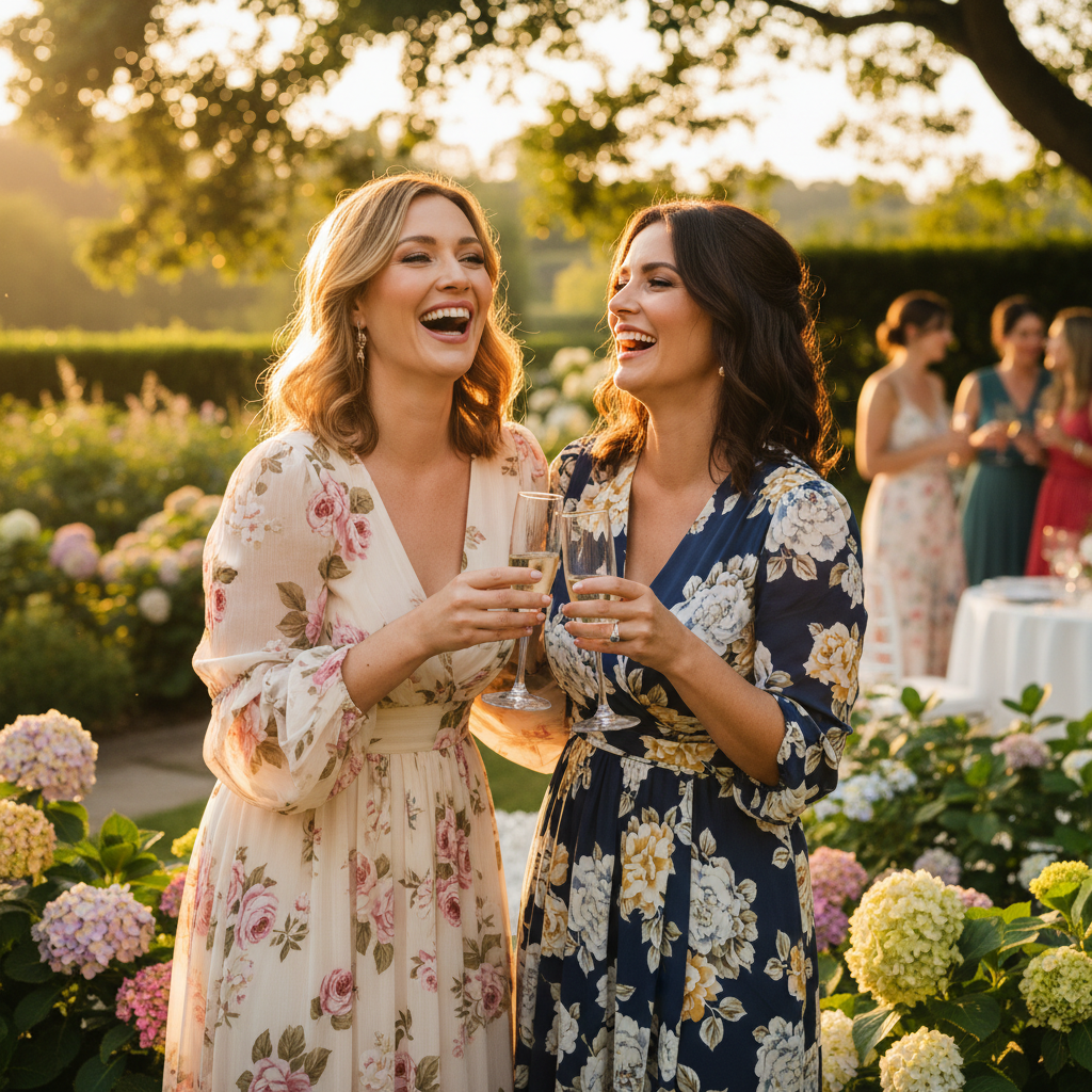 Two elegant women laughing together at garden party wearing soft romantic makeup glossy lips floral dresses golden afternoon light lifestyle photo