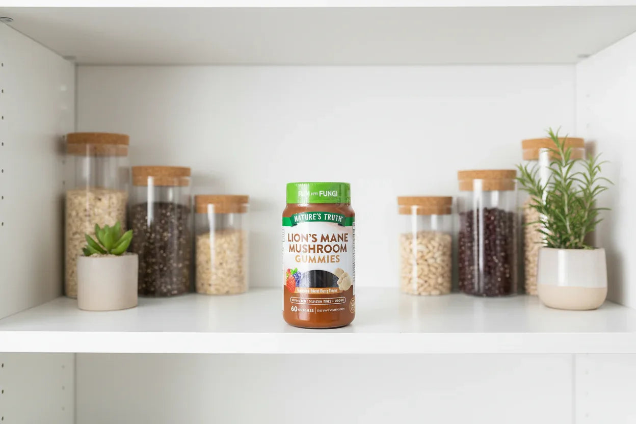 Nature's Truth Lion's Mane Gummies jar on bright minimalist wellness pantry shelf with plants