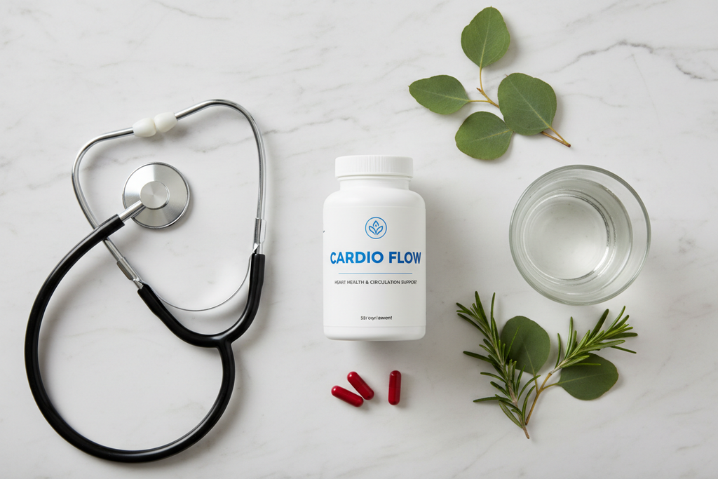 Top-down flat lay of supplement bottle with stethoscope, green leaves, and glass of water on marble