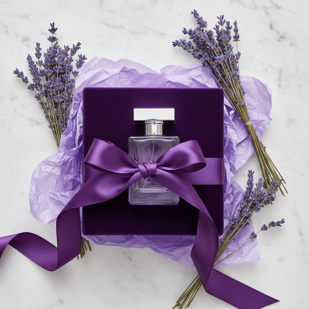 Lifestyle — purple perfume bottle in gift box with deep violet ribbon, dried lavender sprigs, and purple tissue paper on white marble — editorial for visual context only