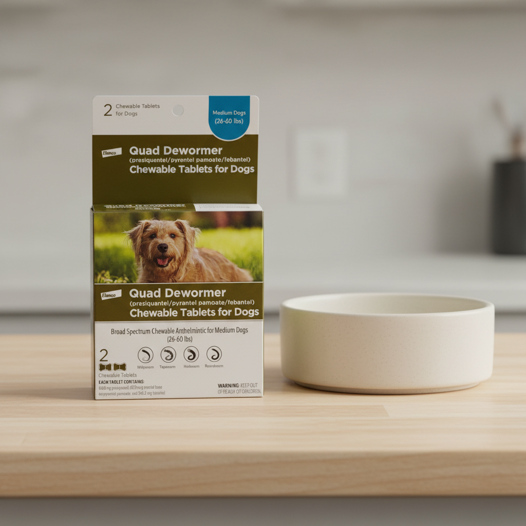 Elanco Quad Dewormer box for medium dogs 26–60 lb on a clean counter beside an empty pet-care bowl