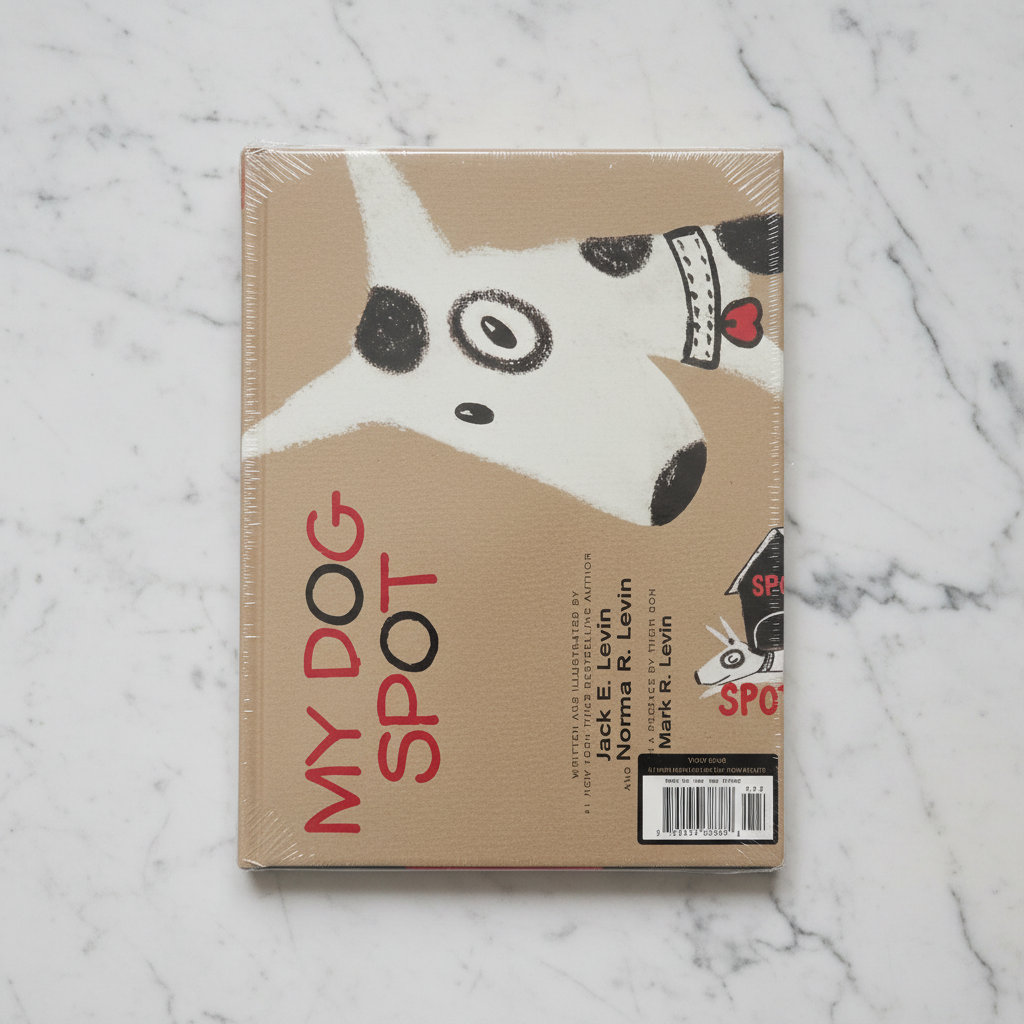 Lifestyle flat lay of My Dog Spot hardcover children's book sealed in original shrink wrap on white marble surface