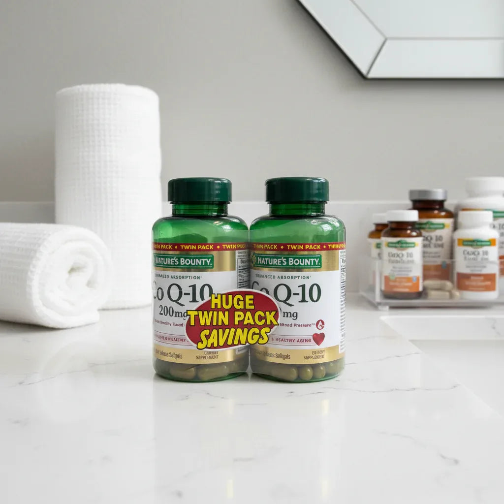 Nature's Bounty CoQ-10 200mg Twin Pack two green bottles on minimalist bathroom vanity next to clean-rolled waffle towel and organized vitamins tray