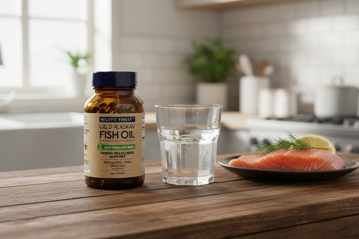 Wiley's Finest Easy Swallow Minis 180 fish oil bottle on rustic kitchen counter with salmon and water – More4less Outlet