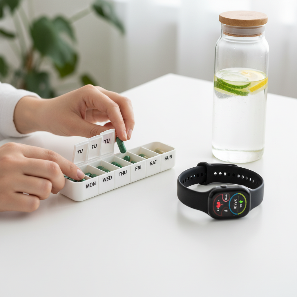 Person filling daily pill organizer with plant-based capsules next to fitness smartwatch and water bottle