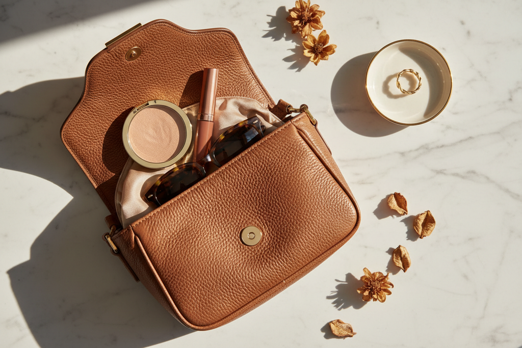 Stylish open handbag with small beauty essentials on marble surface - travel beauty lifestyle