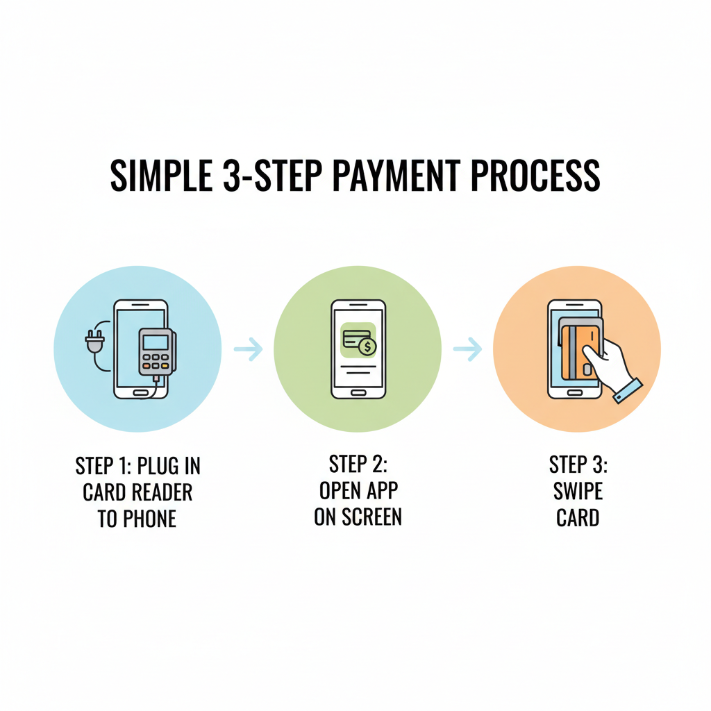 Three-step infographic showing plug in card reader, open Square app, swipe card process