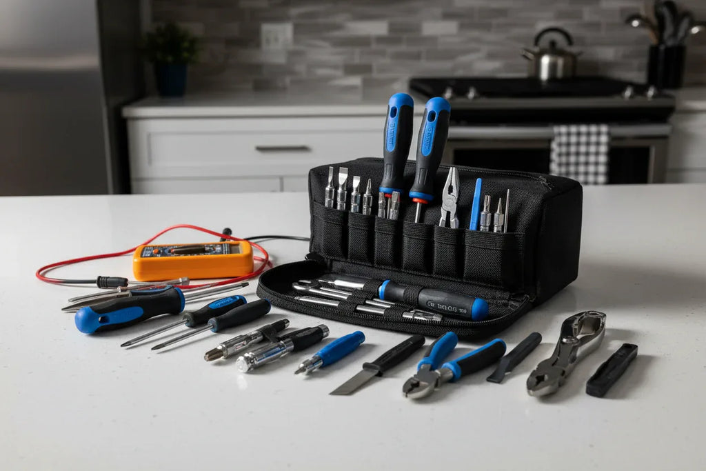 Appliance repair toolkit with professional tools on a clean white kitchen countertop