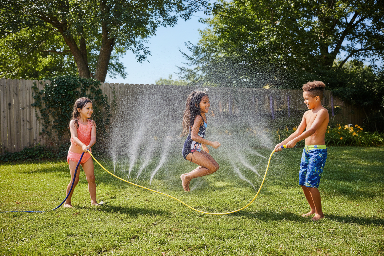 Wham-O Classic Water Jump Rope kids playing in suburban backyard sunny summer afternoon