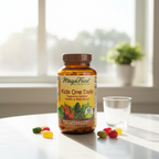 MegaFood Kids One Daily amber glass vitamin bottle in bright morning window light – More4less Outlet