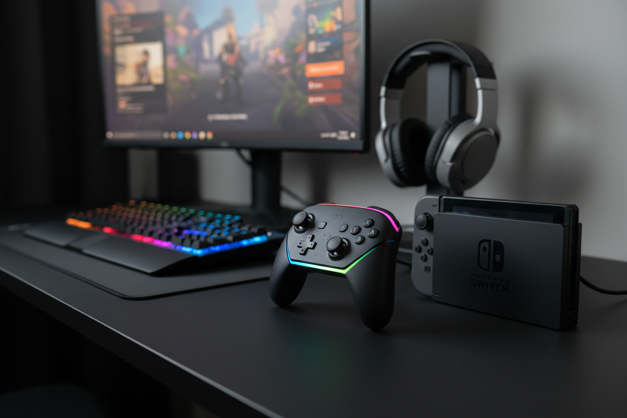 PowerA Spectra black wired Nintendo Switch controller with rainbow LED edge lighting displayed on a dark gaming desk next to a Nintendo Switch dock