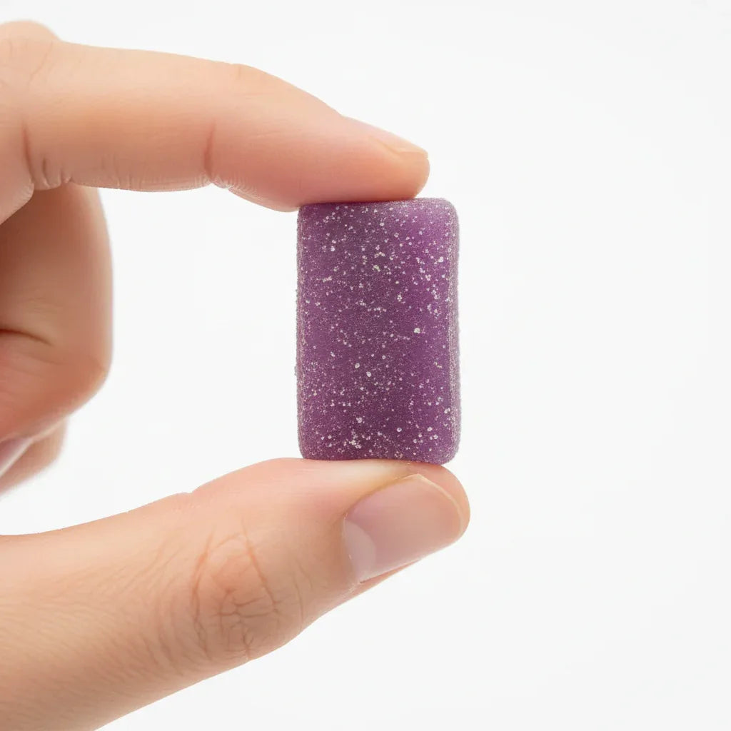 Close-up of purple Natrol Magnesium Glycinate soft chew showing texture