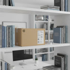 HP USB-C Dock G4 brown box on contemporary white bookshelf in high-end home office study alongside organized technical books