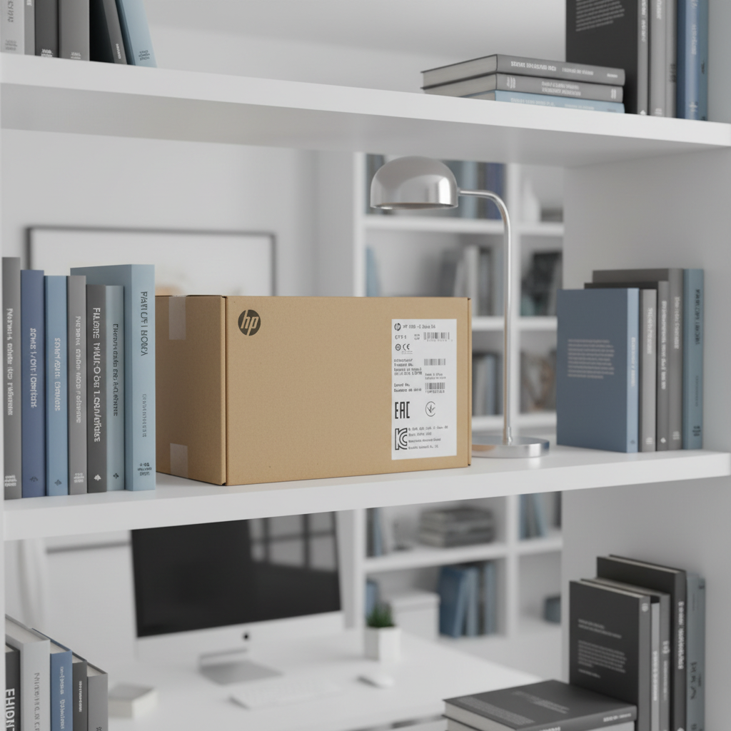 HP USB-C Dock G4 brown box on contemporary white bookshelf in high-end home office study alongside organized technical books