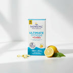 Soft natural window light illuminating high quality omega-3 fish oil supplement box branding for fresh dietary supply