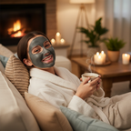 Teenage girl with dark clay mask on her face smiling and relaxing on a couch with tea in a cozy robe