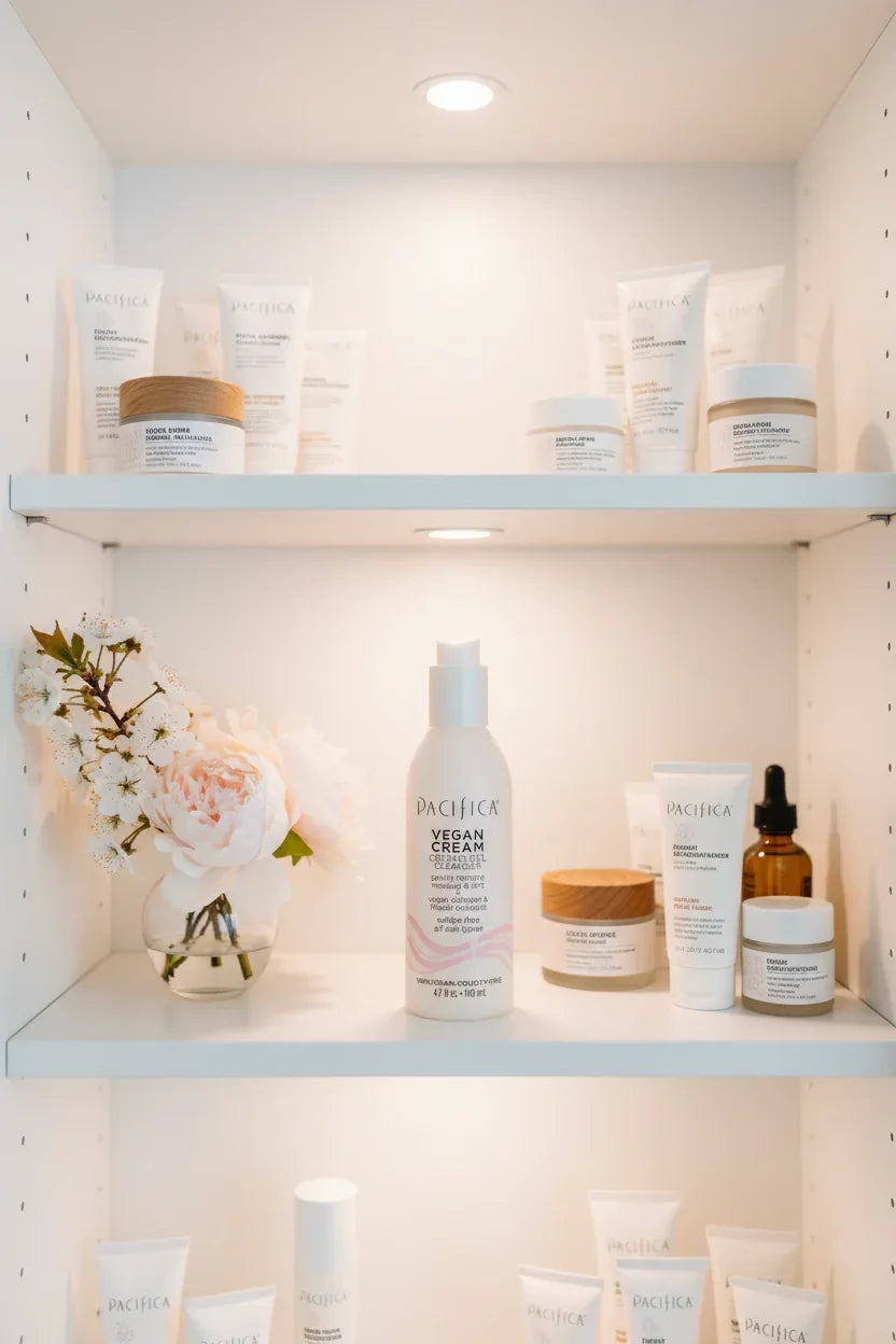 Pacifica Vegan Cream Gel Cleanser in white beauty cabinet with premium skincare and floral accents — More4less Outlet