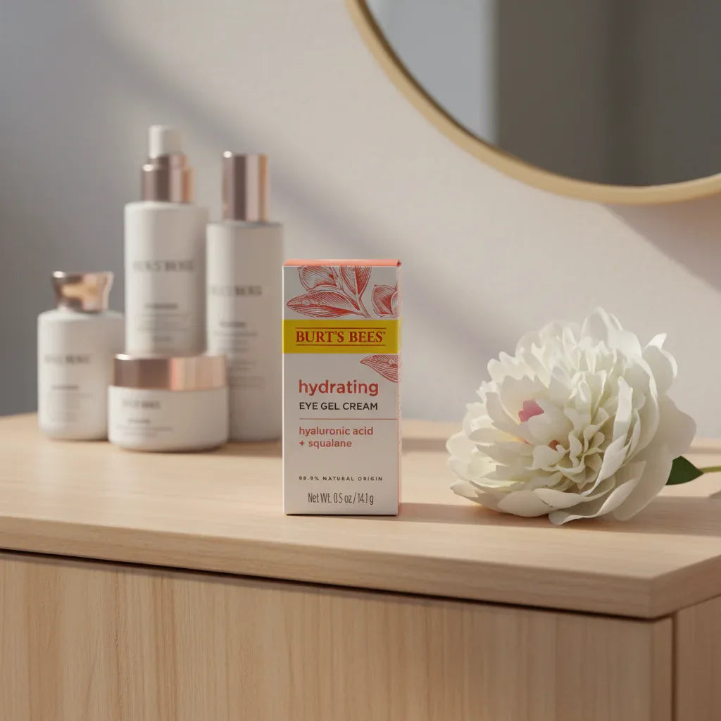 Burt's Bees Hydrating Eye Gel Cream box on minimalist light-wood dressing table alongside high-end skincare bottles and fresh white peony