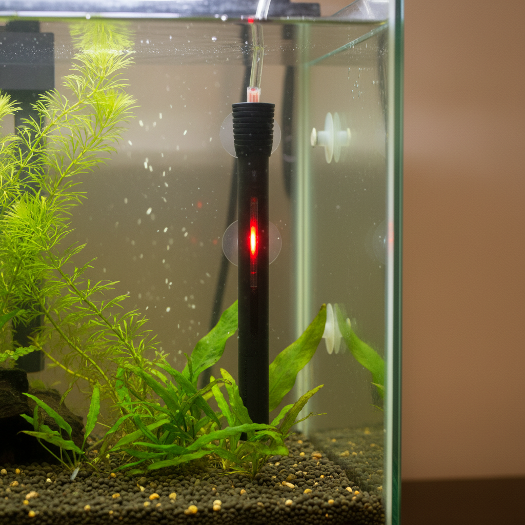 Close-up of black submersible aquarium heater with red LED indicator light glowing inside fish tank