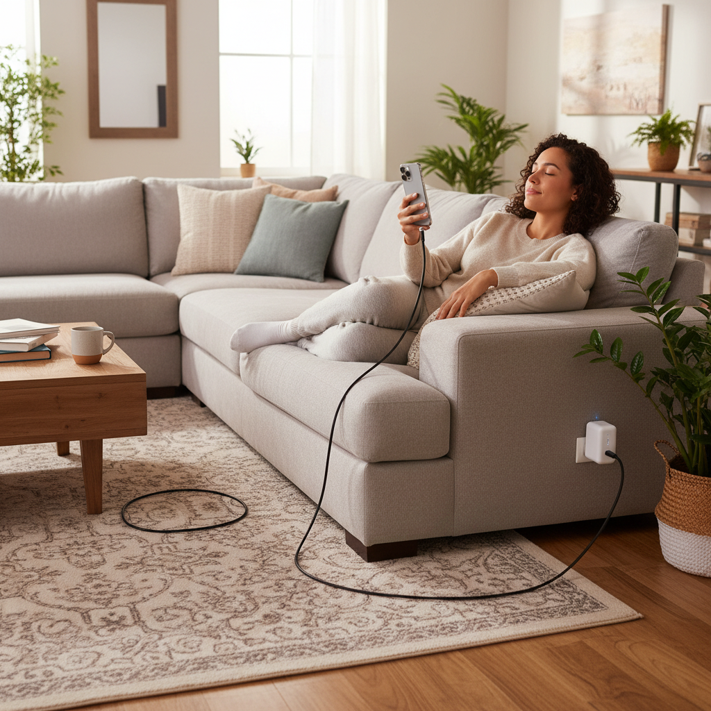 Person relaxing on couch charging iPhone with long black USB-C to Lightning cable — More4less Outlet