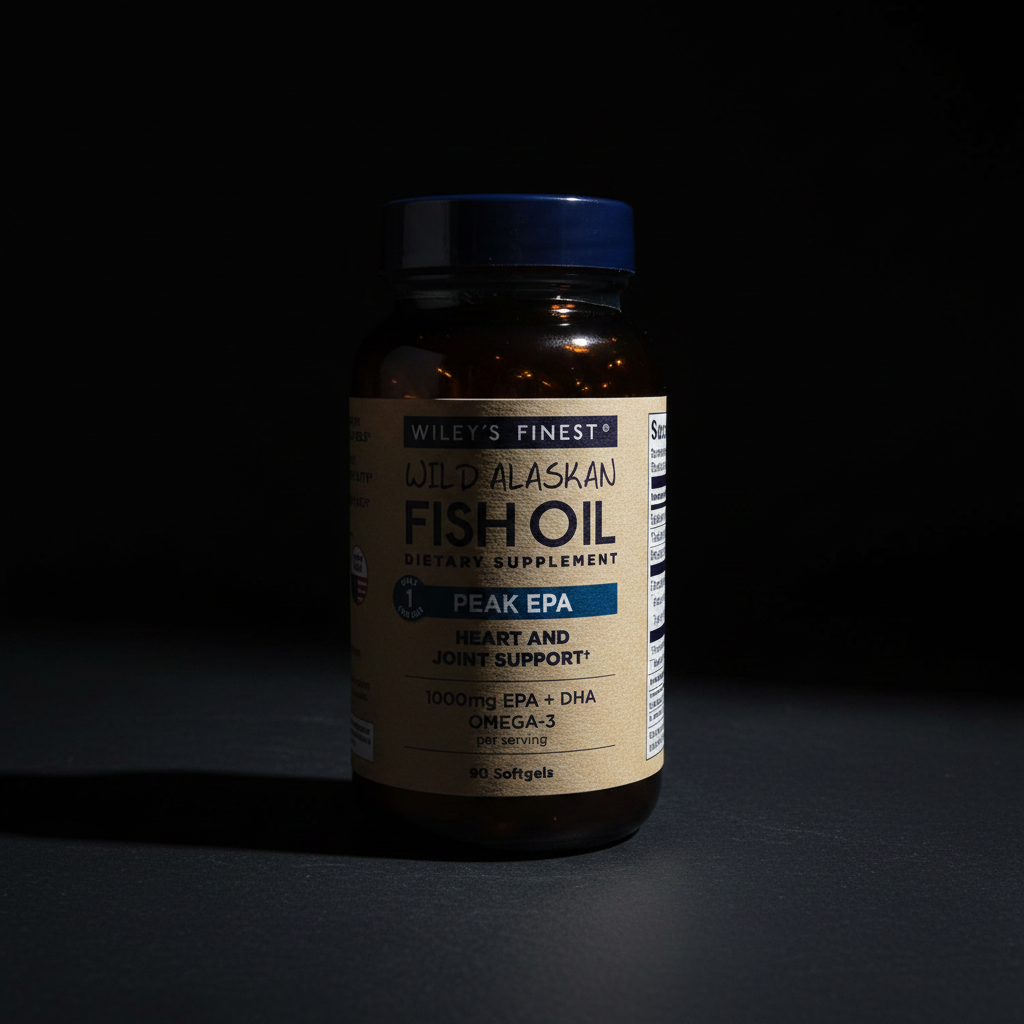 Lifestyle context image of Wiley's Finest Wild Alaskan Fish Oil Peak EPA 90 softgels (AI-generated for visual illustration only) – dark slate studio editorial – More4less Outlet
