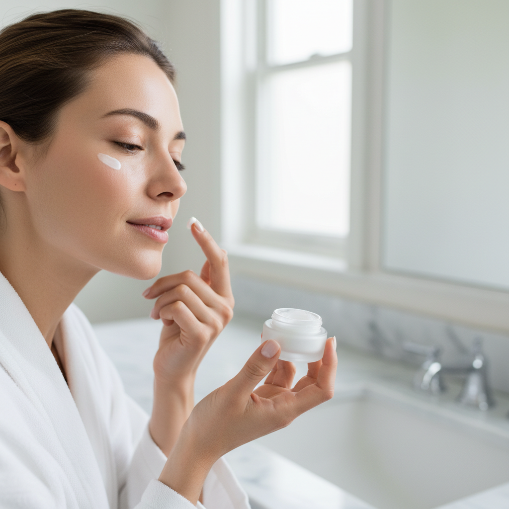 Woman gently applying eye cream to her under-eye area in a bright clean bathroom