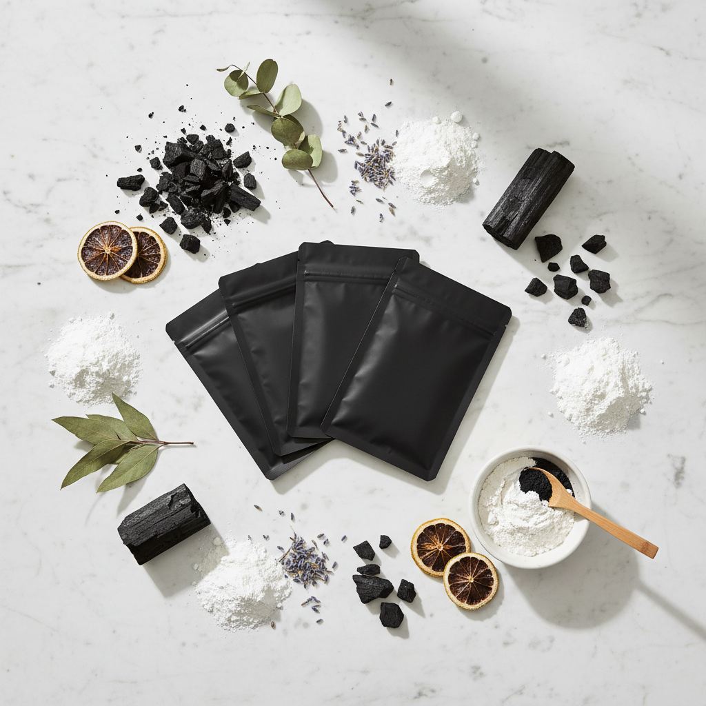 Elegant flat lay of skincare detox mask packets with activated charcoal and botanicals on marble