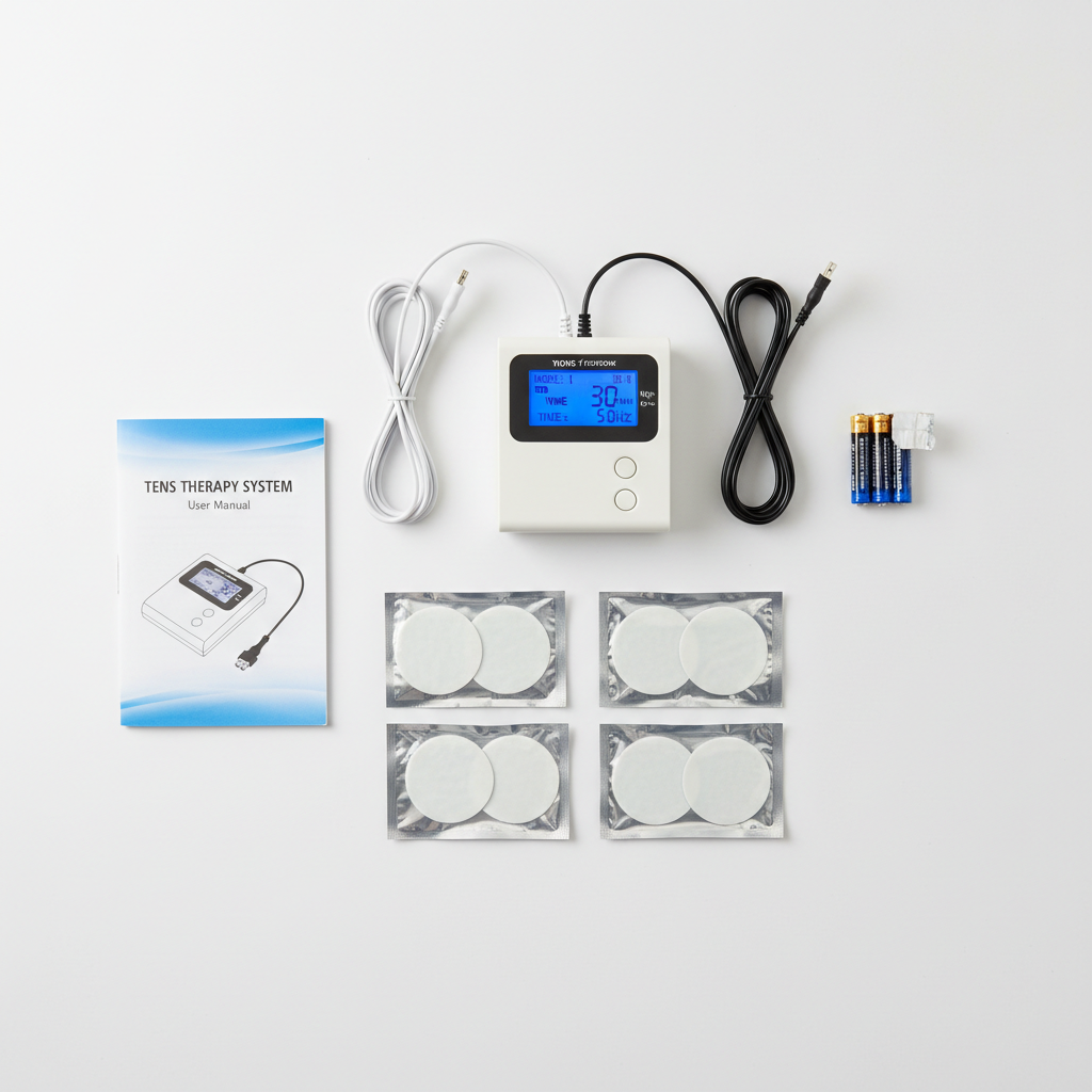 Flat-lay of complete TENS therapy kit with controller, lead wires, gel pads, batteries, and instruction manual
