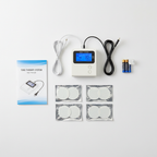 Flat-lay of complete TENS therapy kit with controller, lead wires, gel pads, batteries, and instruction manual