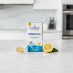Minimalist high-quality photograph of omega-3 vitamin D3 supplement box for modern household dietary support