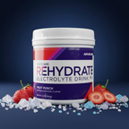 AdvoCare Rehydrate Fruit Punch navy editorial with mineral crystals and red berries – More4less Outlet