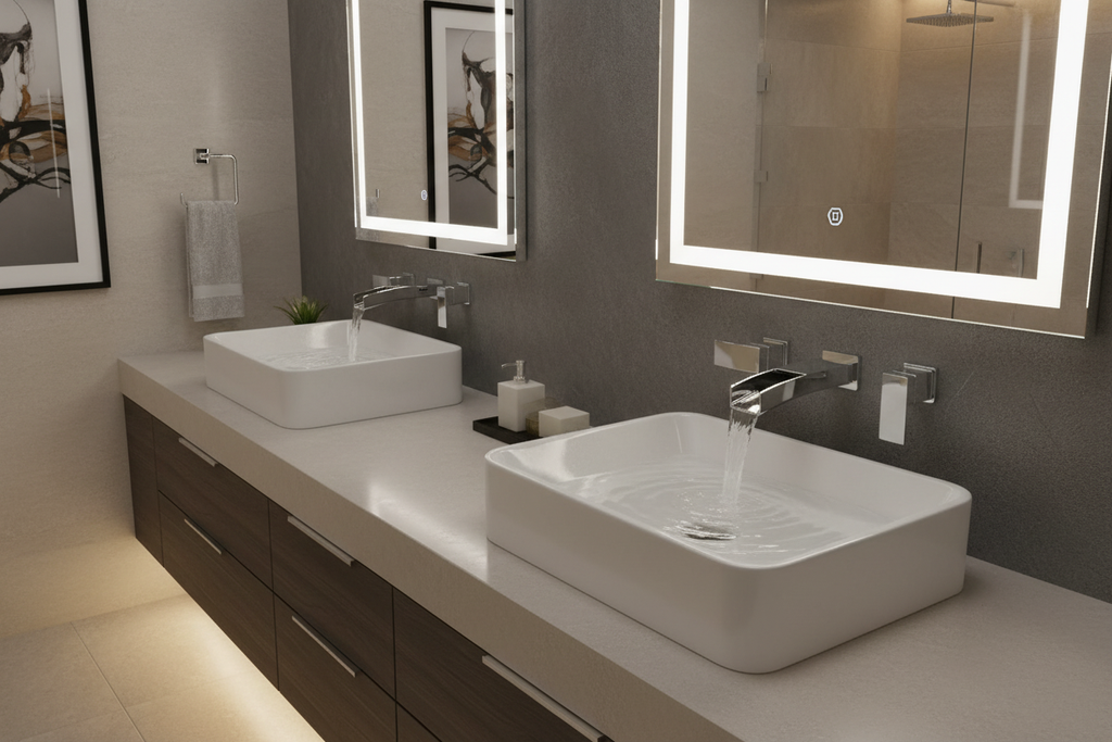 Pfister Kenzo polished chrome wall mount faucets on contemporary double vanity with two vessel sinks in luxury bathroom