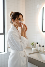 Woman applying pore strip to nose skincare routine lifestyle photo