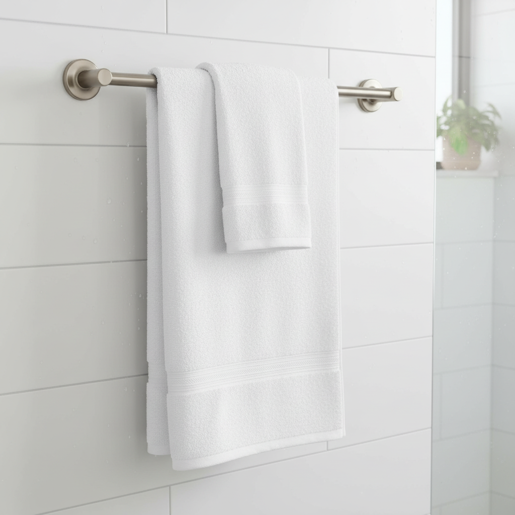 Fluffy white cotton towel hanging from GROHE Essentials brushed nickel towel bar on white tile – More4less Outlet