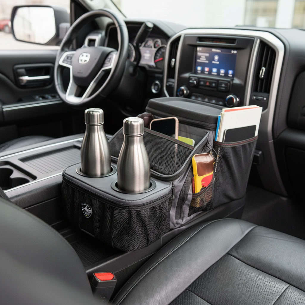 Auto Drive black car console organizer close-up showing two integrated cup holders with stainless steel water bottles in organized truck interior