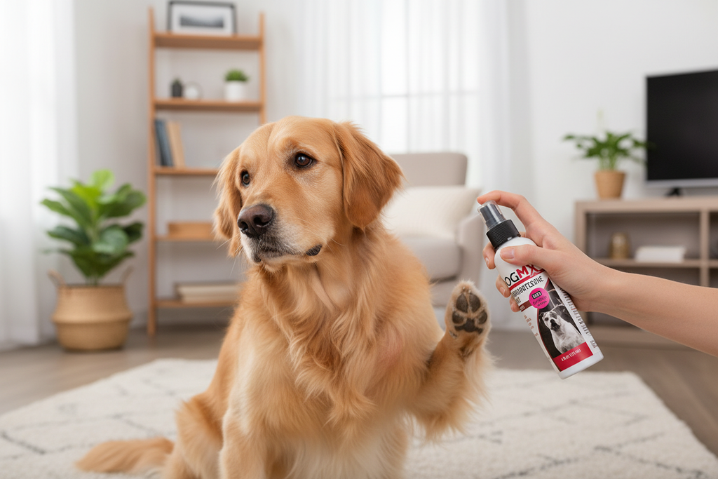 Person spraying DogMX Hydrocortisone Anti-Itch Spray on scratching dog — fast-acting relief for dog skin irritation flea bites and dermatitis