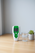 AccuRelief TENS device on wooden desk beside glass of water and small plant portable home health setting