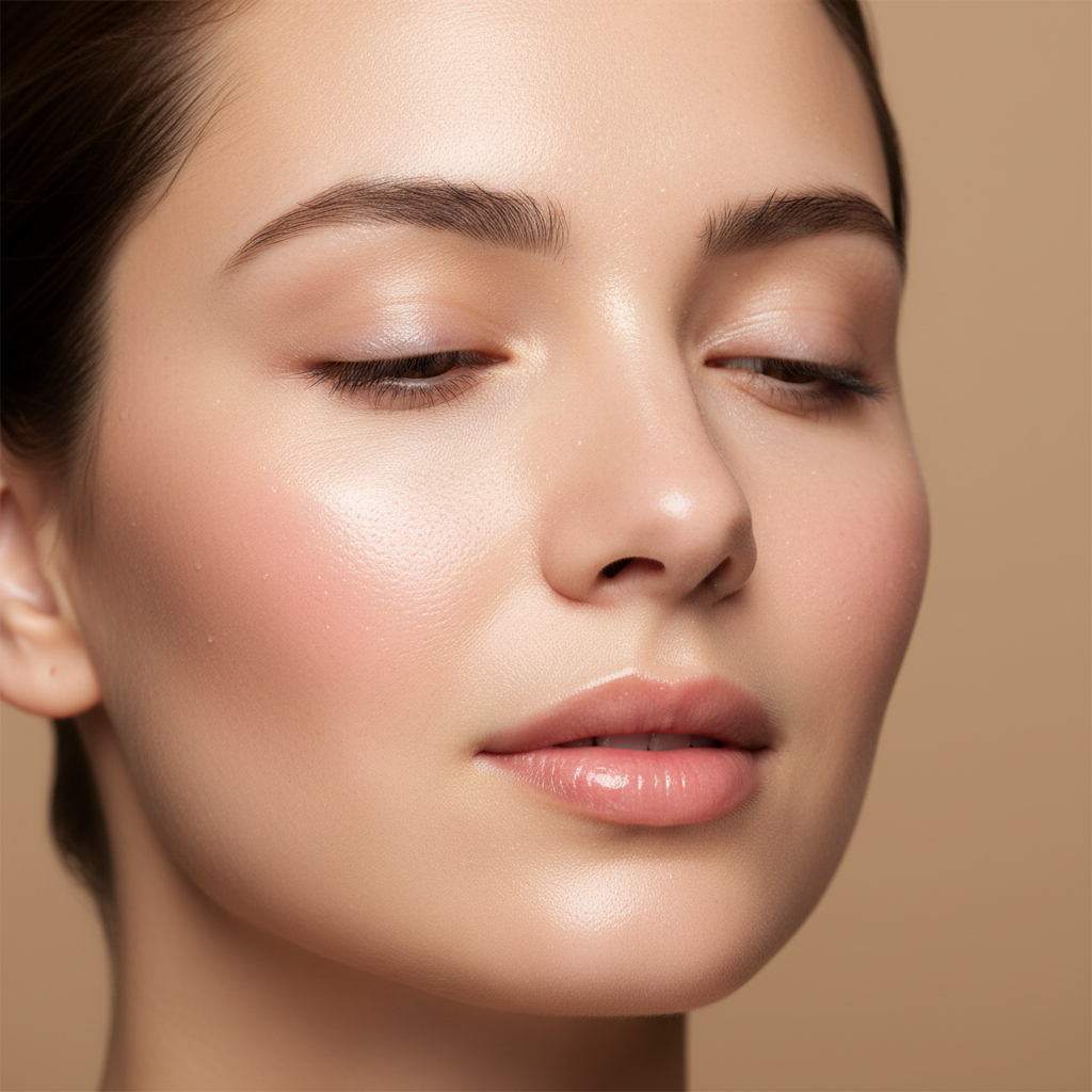 Close-up of visibly smooth, refined, freshly exfoliated skin glowing after a facial scrub