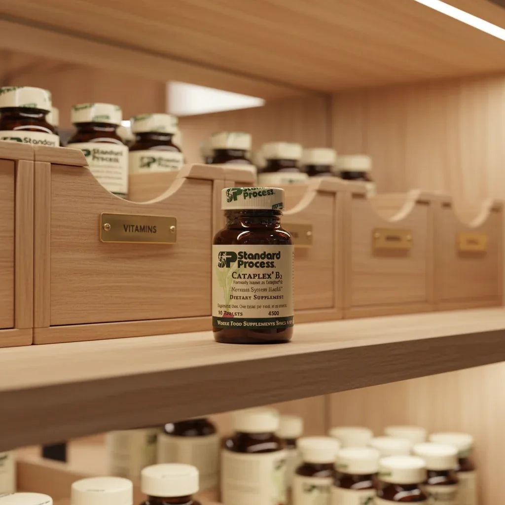 Standard Process Cataplex B2 riboflavin supplement in organized wellness pantry with wood storage bins and LED lighting