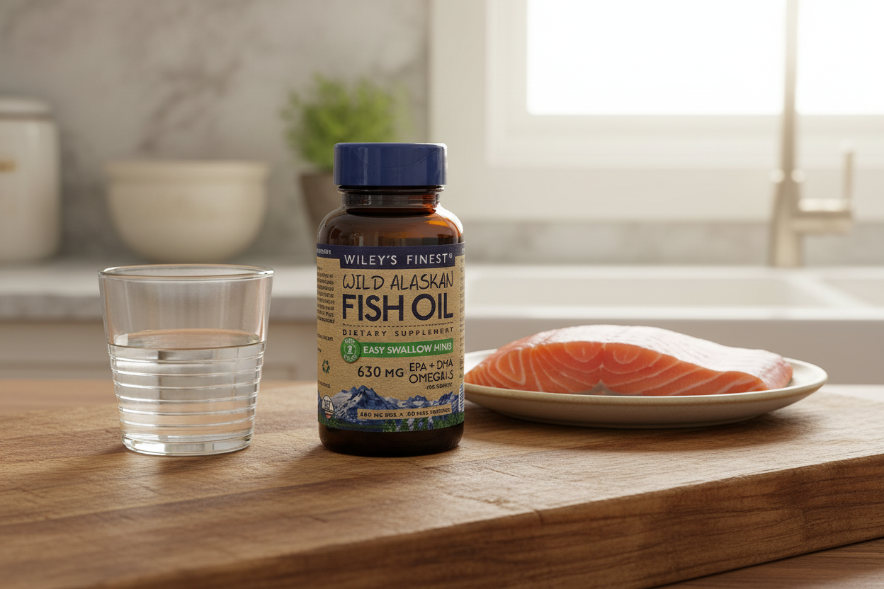 Wiley's Finest Easy Swallow Minis 60 fish oil bottle on rustic kitchen counter with salmon and water – More4less Outlet