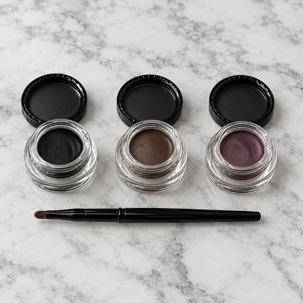 Mary Kay Gel Eyeliner in Jet Black, Espresso Ink and Ornate Orchid with brush on a marble vanity