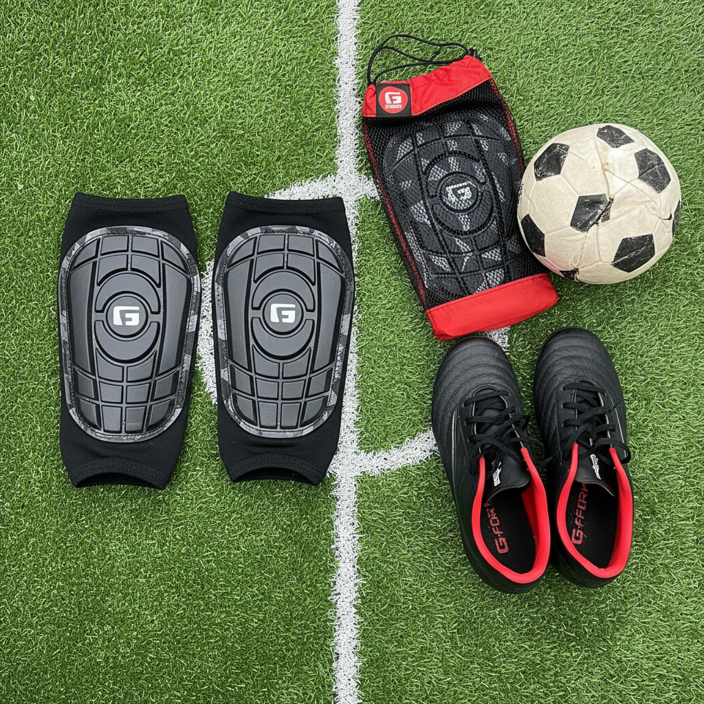G-Form Pro-S Compact Shin Guards XL flat lay on soccer turf with cleats and ball