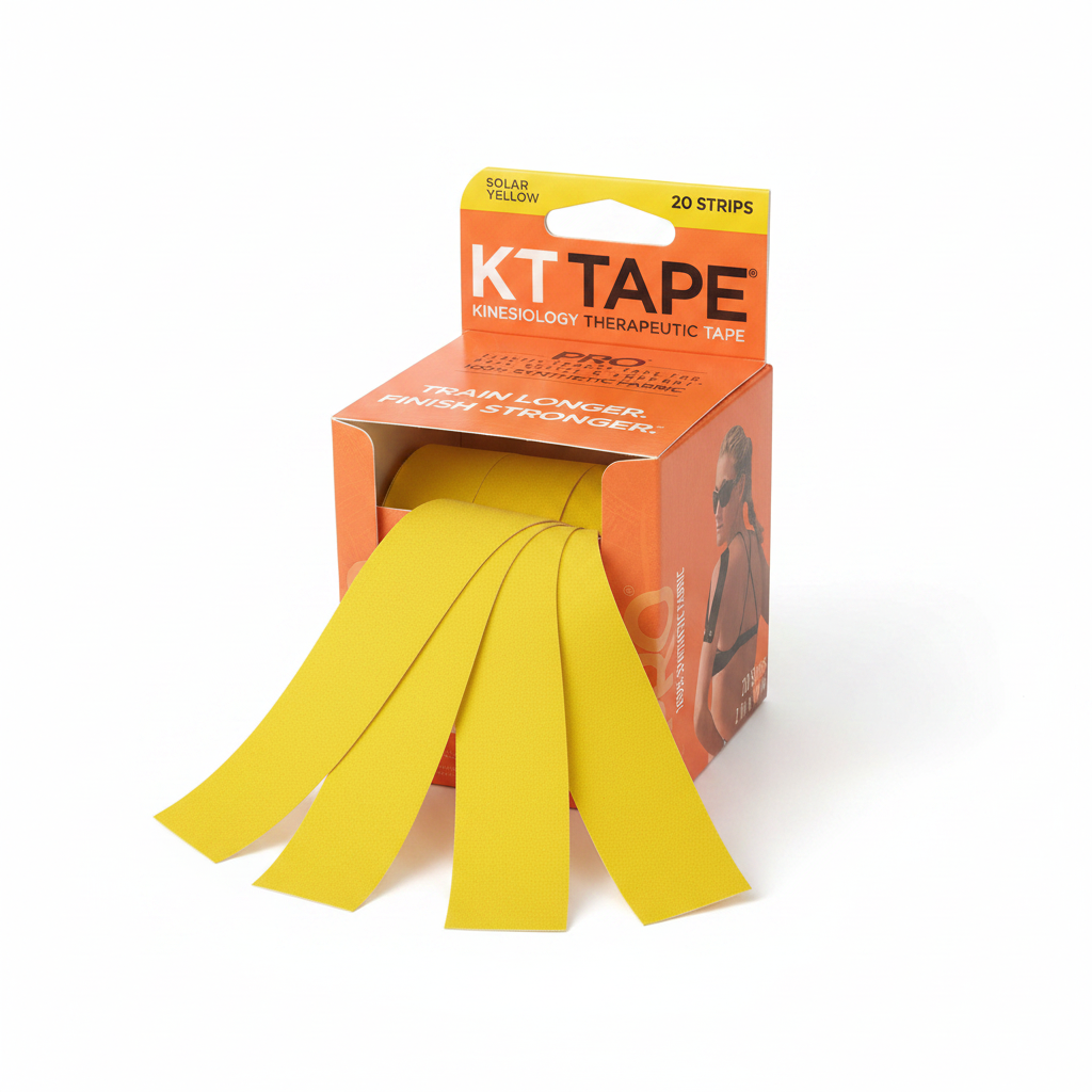 KT Tape Pro Solar Yellow pre-cut strips fanned out from orange retail box on white background